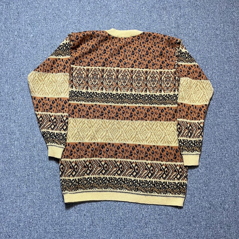 Vintage SK Wear Sweater Small Brown Leopard Fair Isle V-Neck Knit 90s Retro - Picture 2 of 8